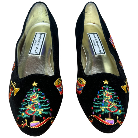 Vtg DONNA LAWRENCE Toya Women 7M Black Velvet Christmas Slip On Shoes XMAS Flats - Picture 2 of 16